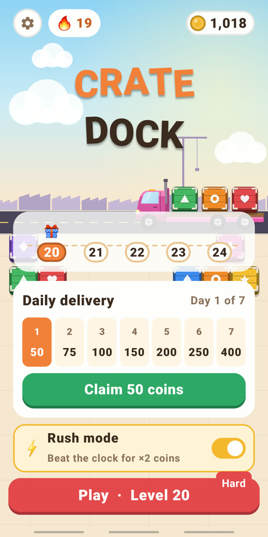 Crate Dock home screen with daily delivery and difficulty
